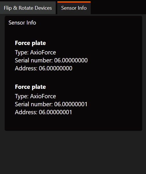 Sensor Info tab showing serial numbers