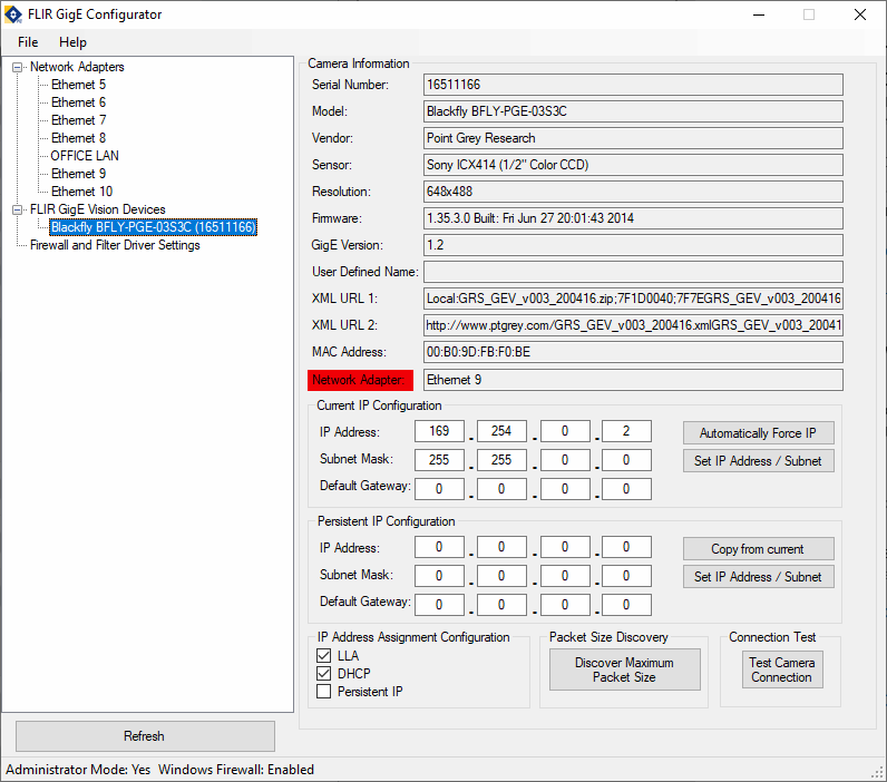 Παράθυρο GigE Configurator με επισήμανση σύνδεσης κάμερας