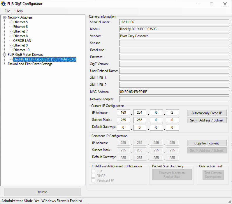 Επιλογή κάμερας στο GigE Configurator
