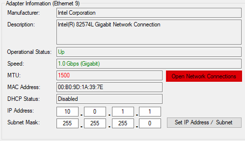Παράθυρο GigE Configurator με επισήμανση MTU και σύνδεσης δικτύου