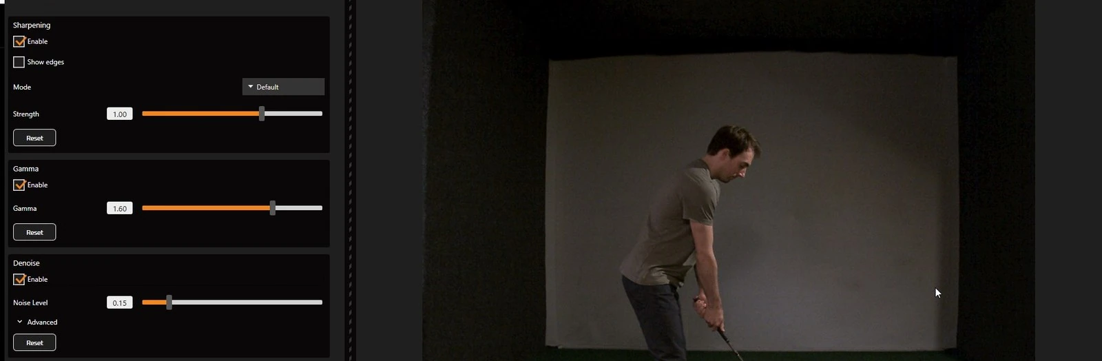 The same three sections with sharpening, gamma and denoise ticked, and a live picture that is now bright and clear, with the golfer, the mat and the gray screen easy to make out