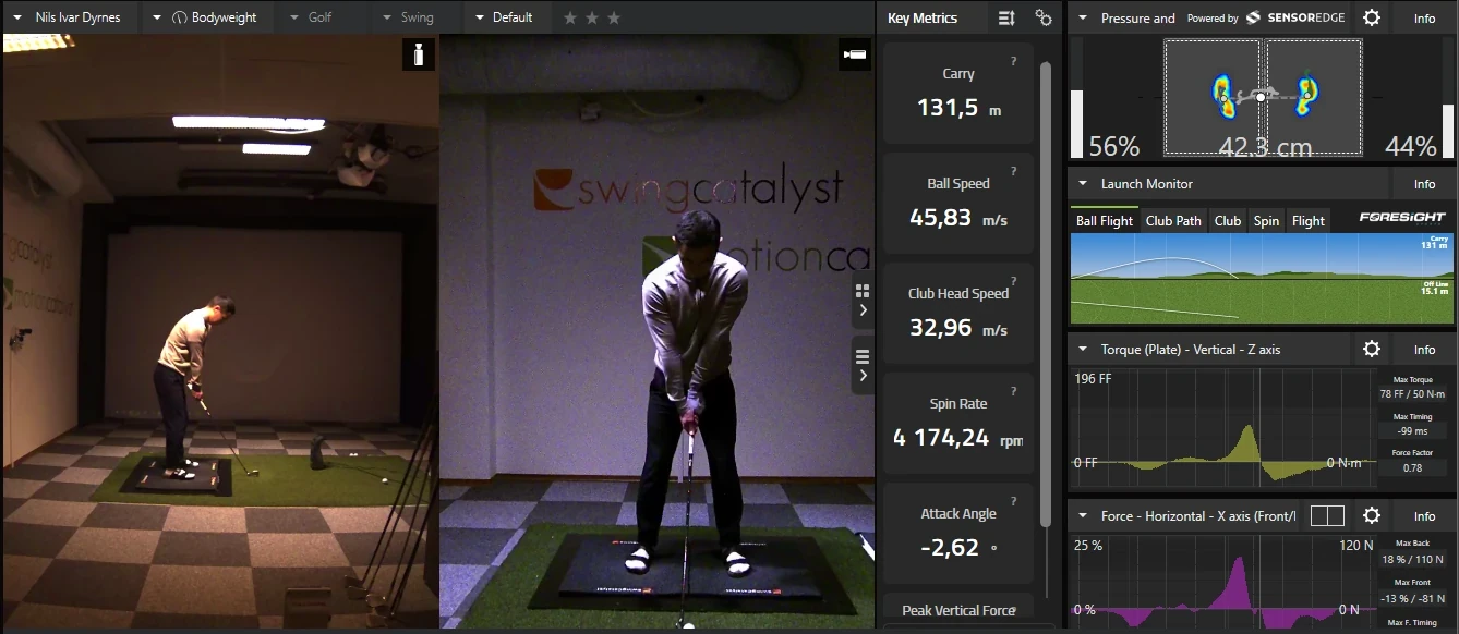 An analysis screen with two camera views of a golfer at address, a Key Metrics column, and data boxes showing pressure distribution, ball flight, torque and horizontal force