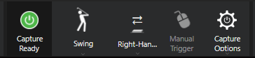 The capture toolbar reading Capture Ready, Swing, Right-Han…, Manual Trigger and Capture Options. The station button shows the shortened name of the active station
