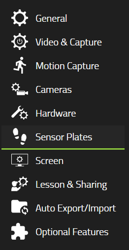 The Settings navigation list, with Sensor Plates selected