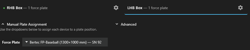 Two station tabs, RHB Box and LHB Box, each reading one force plate, above the Manual Plate Assignment dropdown